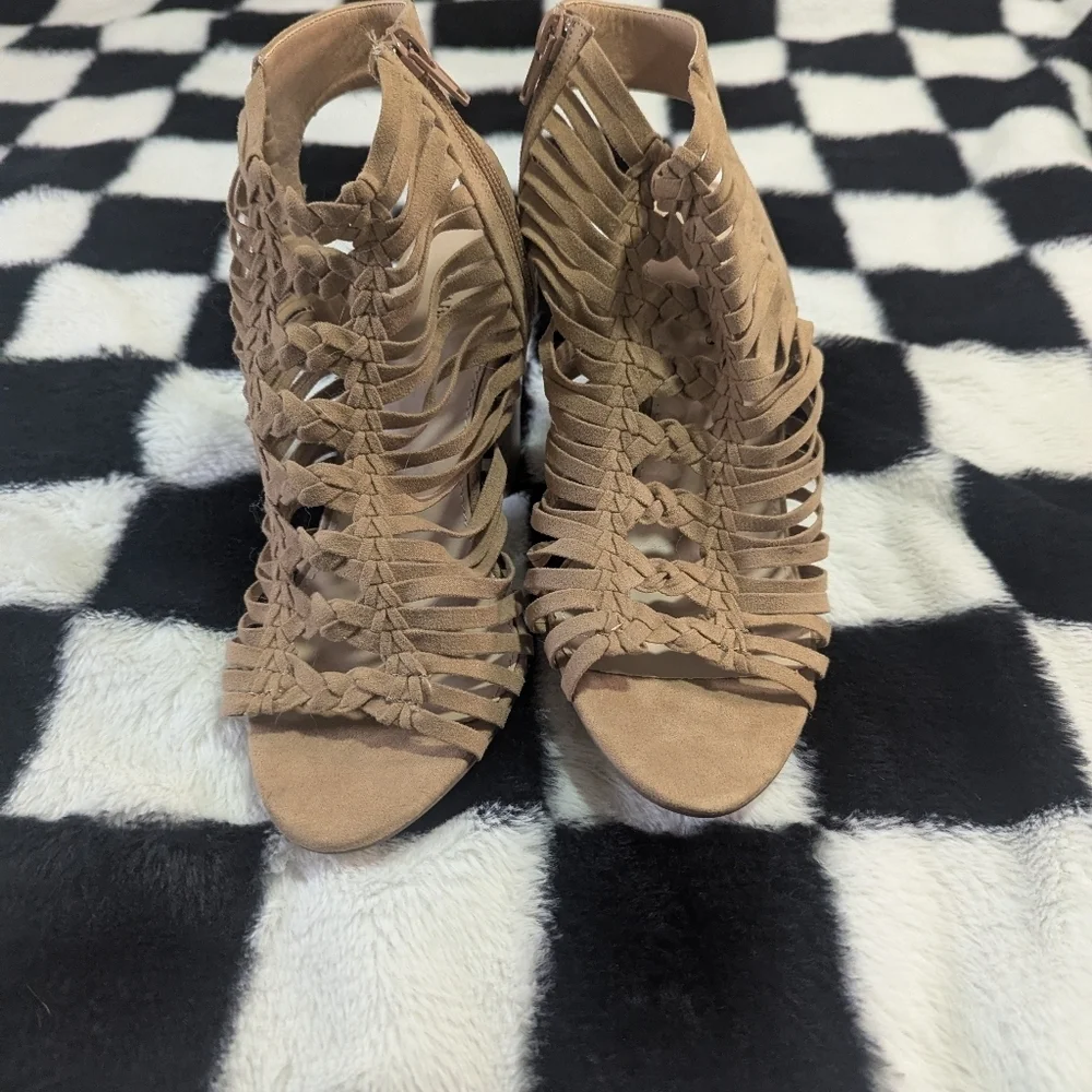 JustFab Tan Suede Braided Fringe Block Heel Sandals Size 7.5